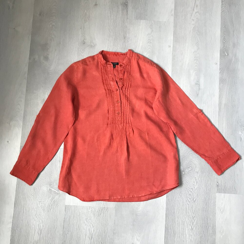TALBOTS 100% LINEN TUNIC SHIRT RED PLEATED BUTTON LONG SLEEVE SMALL